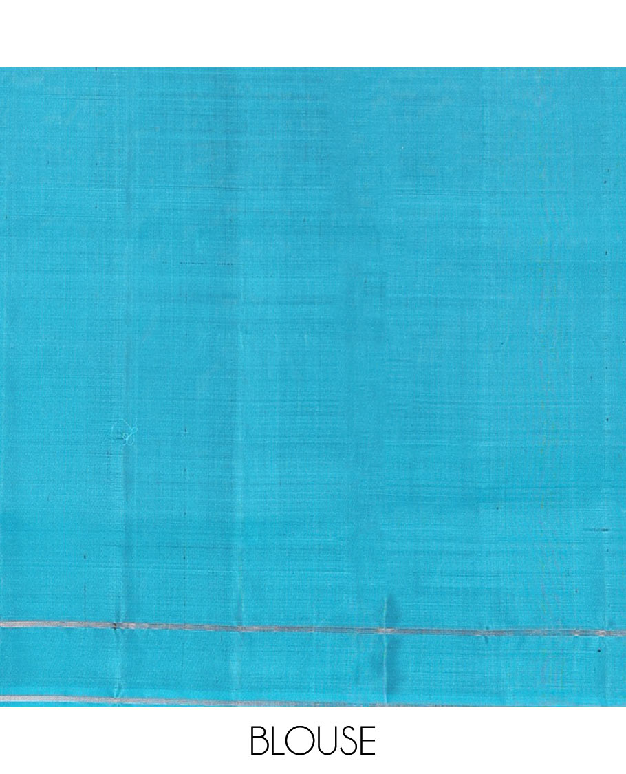 Blue singam buttas soft silk saree, zari striped border, and pallu of vanki designs