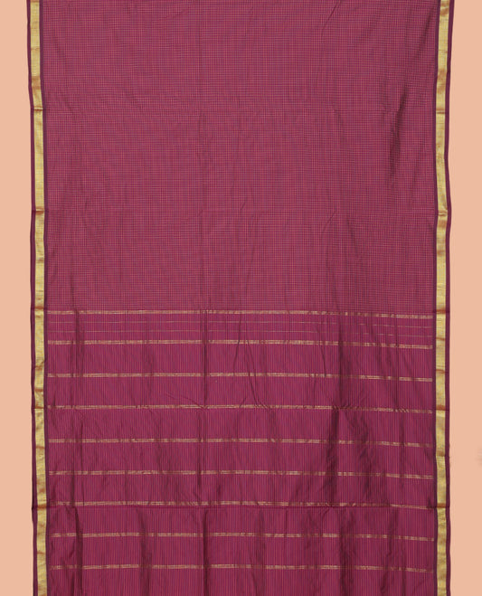 Purple Checked Nine-Yard Saree, a Zari Border, Striped Pallu, and No Blouse