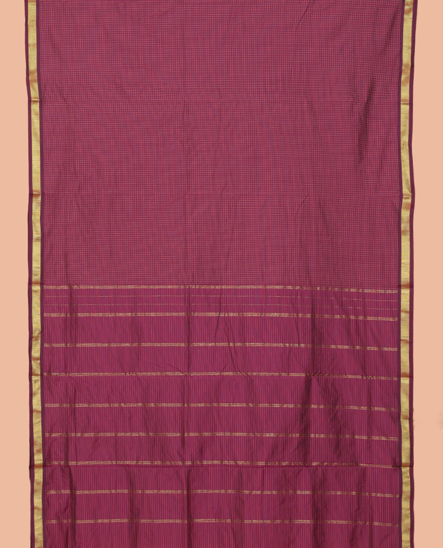 Purple Checked Ten Yard Saree, a Zari Border, Striped Pallu, and No Blouse