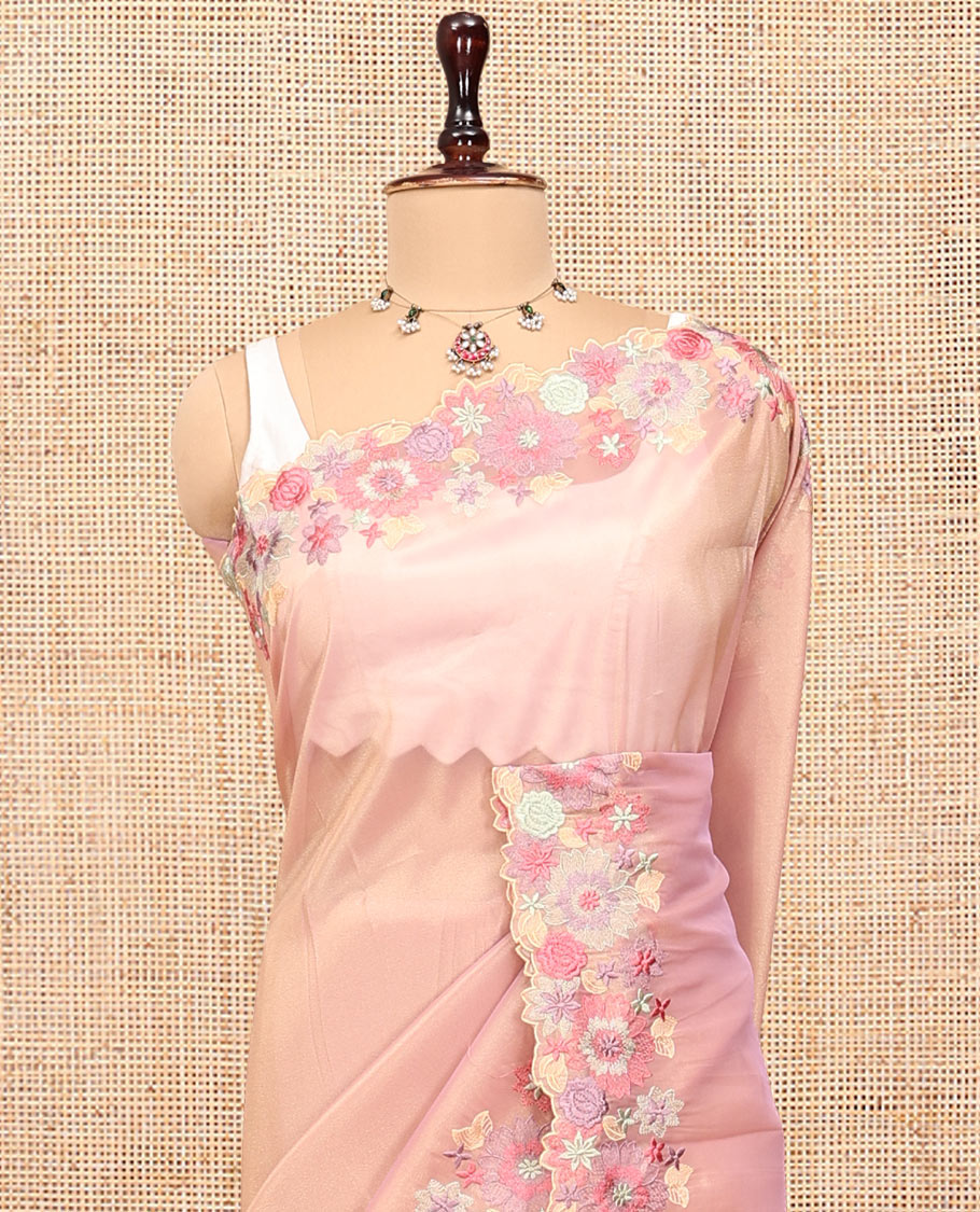 Pink Plain Organza Saree, a Scallop Tropical Floral Embroidery Border, and a Matching Blouse