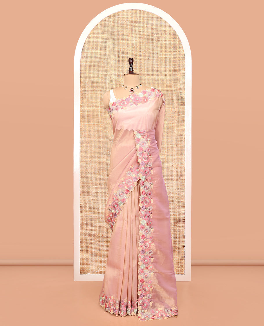 Pink Plain Organza Saree, a Scallop Tropical Floral Embroidery Border, and a Matching Blouse