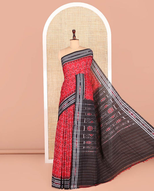 Red Odisha Cotton Saree Detailed with Stripes and Diamond Patterns All Over the Body, Complemented by a Contrast Hazily Woven Temple Border, Pallu Features Intricate Patterns in a Hazily Woven, and Has No Blouse