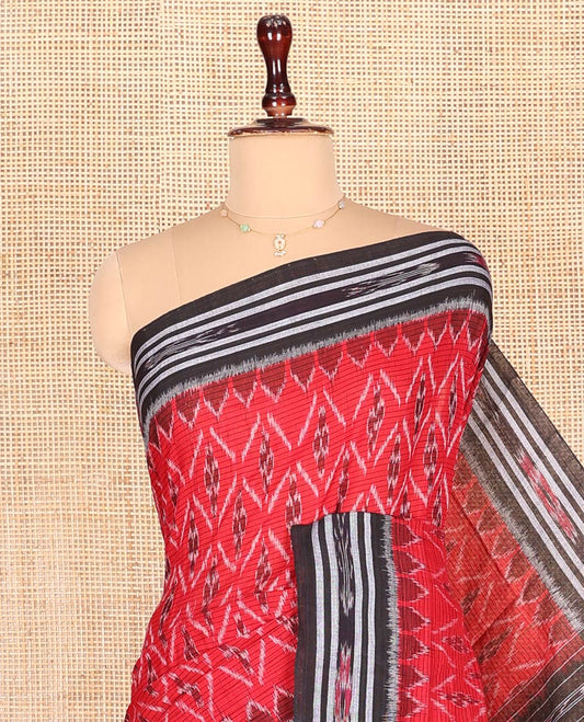 Red Odisha Cotton Saree Detailed with Stripes and Diamond Patterns All Over the Body, Complemented by a Contrast Hazily Woven Temple Border, Pallu Features Intricate Patterns in a Hazily Woven, and Has No Blouse