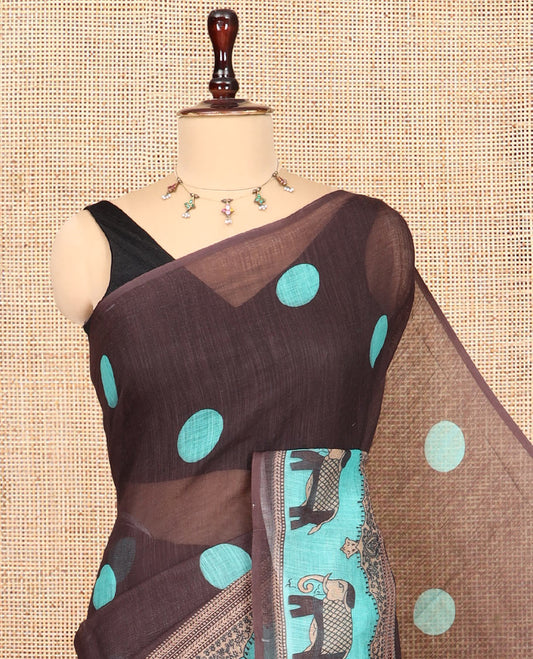 Brown Linen Cotton Saree Features Polka Dots, a Contrast One-sided Elephant Motif Border, Elephant Motif Pallu, Contrast Blouse