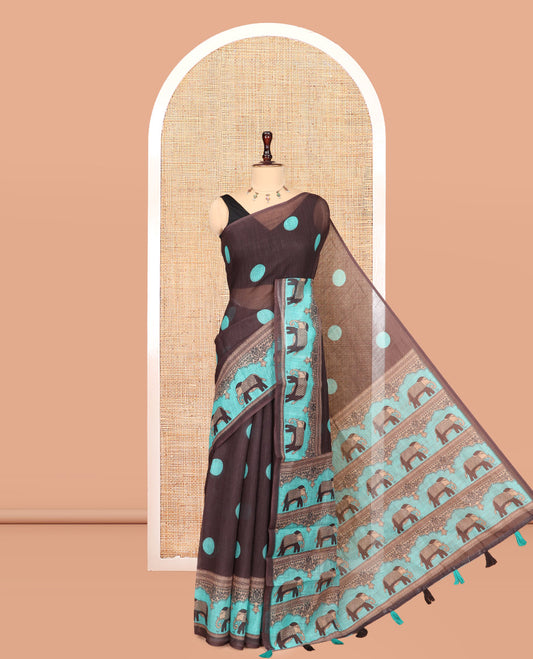 Brown Linen Cotton Saree Features Polka Dots, a Contrast One-sided Elephant Motif Border, Elephant Motif Pallu, Contrast Blouse