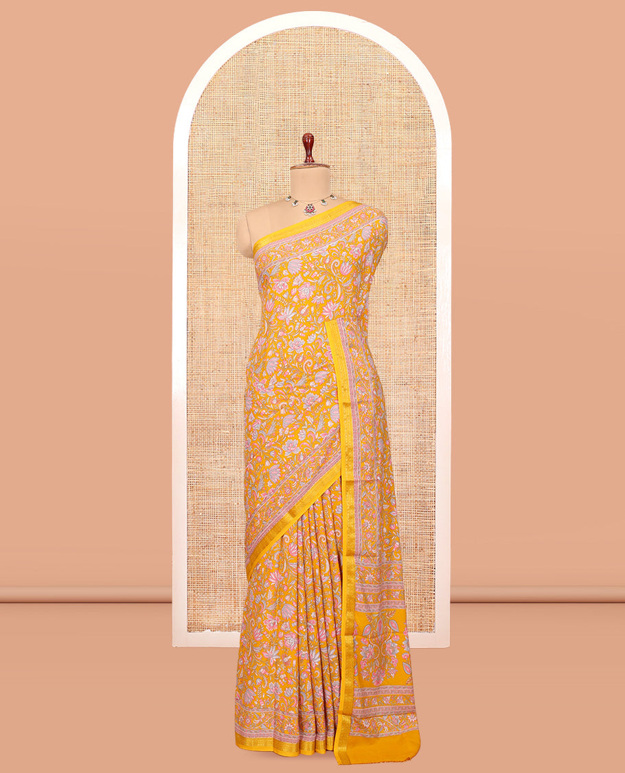 Yellow Floral-Vine Printed Silk Saree, a Traditional Zari Border, Floral Pallu, a Matching Blouse