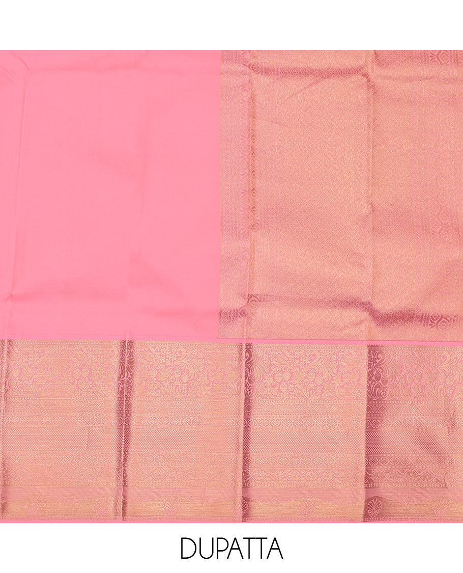 Grey pure-silk half-saree, floral jacquard skirt, contrast blouse, and border of muthu, floral, diamond, kamalam, mayil kann, and kodi visiry designs, and intricate dhavani