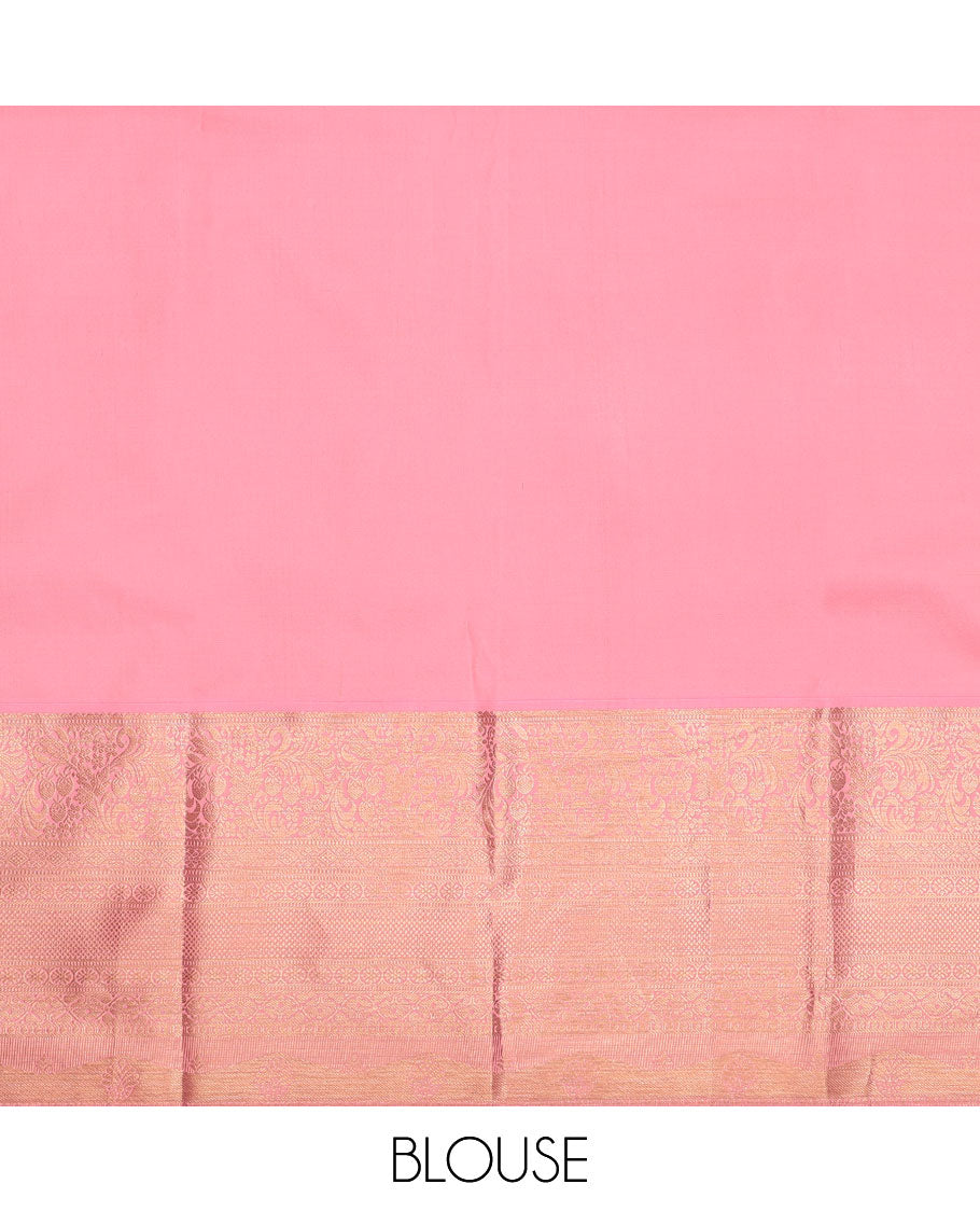 Grey pure-silk half-saree, floral jacquard skirt, contrast blouse, and border of muthu, floral, diamond, kamalam, mayil kann, and kodi visiry designs, and intricate dhavani