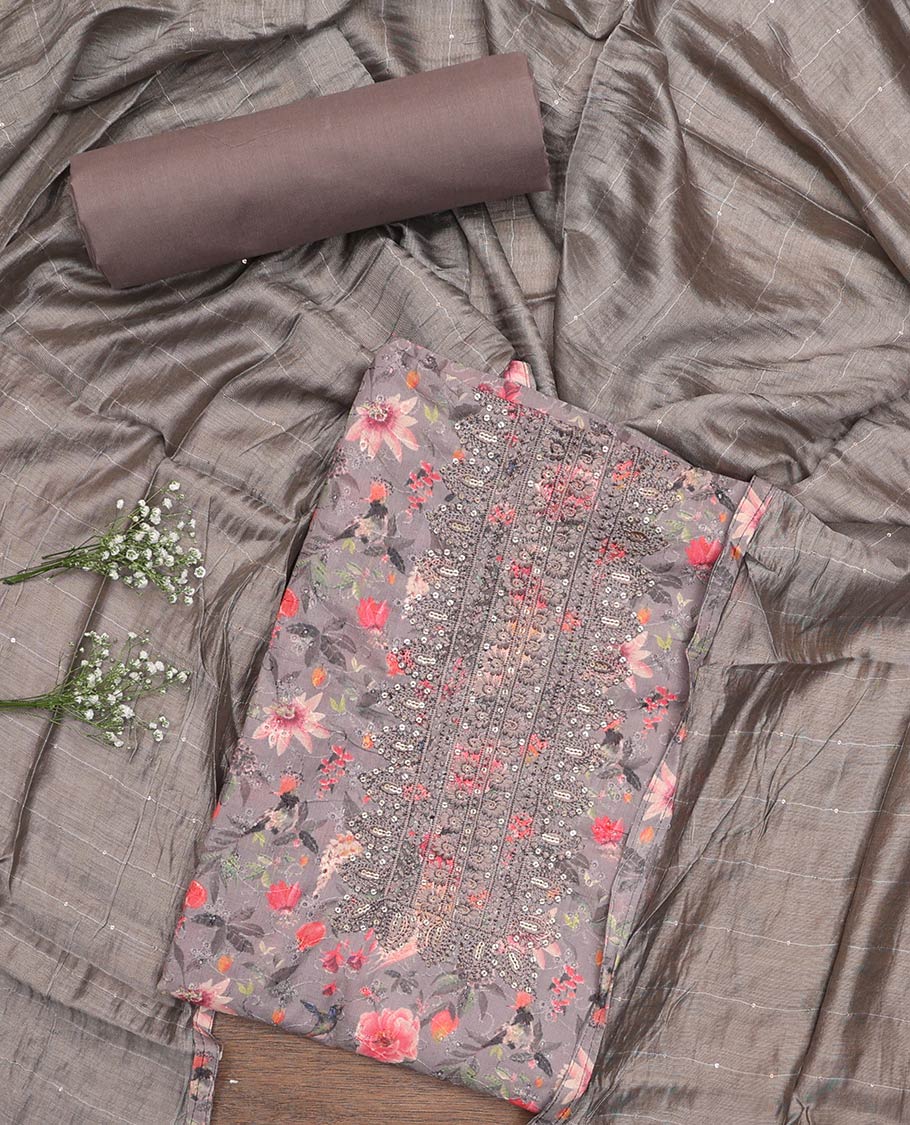 Grey material churidar set, floral-bird print, cut work and neck embroidered cotton top, plain cotton bottom, and sequins striped chanderi dupatta