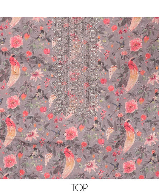 Grey material churidar set, floral-bird print, cut work and neck embroidered cotton top, plain cotton bottom, and sequins striped chanderi dupatta