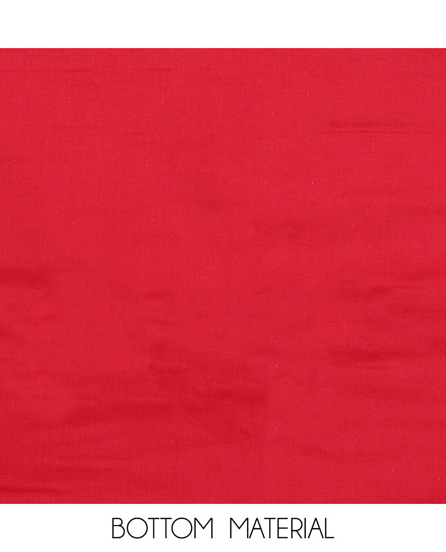 White and red material chudidar set, floral print, cut work and embroidered top, contrast plain bottom, and sequins striped dupatta