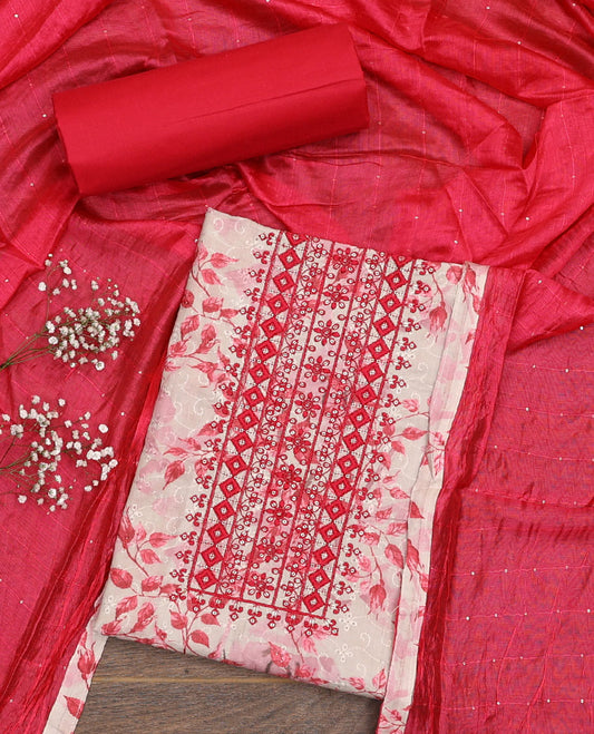 White and red material chudidar set, floral print, cut work and embroidered top, contrast plain bottom, and sequins striped dupatta