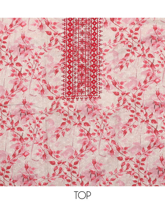 White and red material chudidar set, floral print, cut work and embroidered top, contrast plain bottom, and sequins striped dupatta