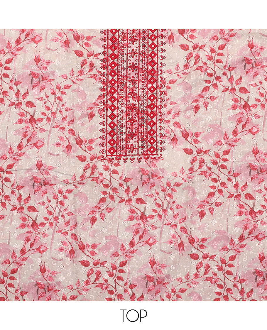 White and red material chudidar set, floral print, cut work and embroidered top, contrast plain bottom, and sequins striped dupatta