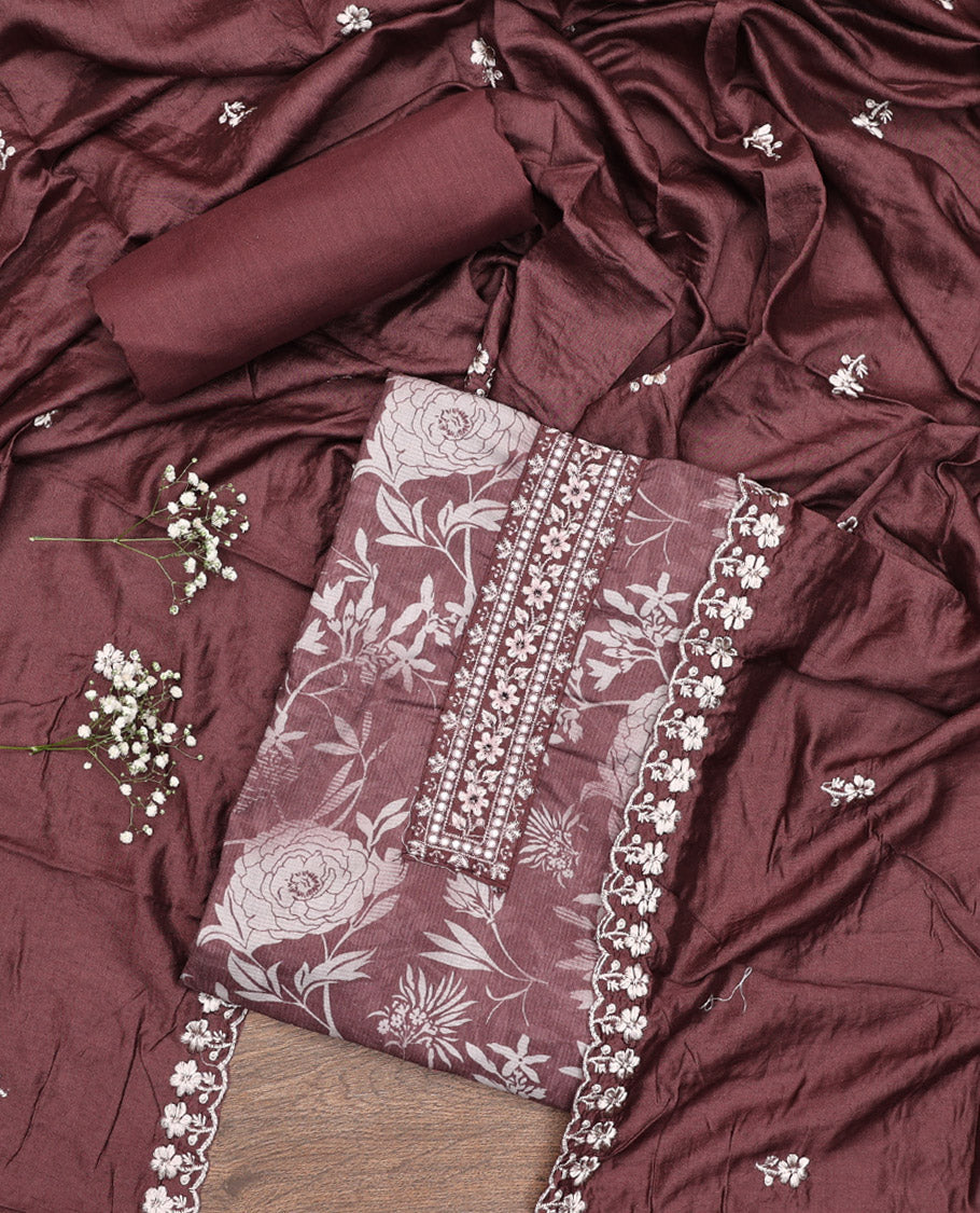 Brown Material Chudidar Set, Prettified with Floral Print and Embroidery on Cotton Top, a Plain Bottom, and Paired with a Floral Embroidered Scallop Dupatta