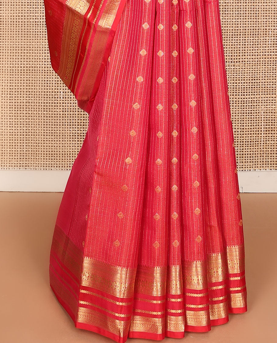 Red zari design vasundhara silk mix saree, zari border of rekku,muthu,banaras,kamalam & diamond designs & intricate pallu