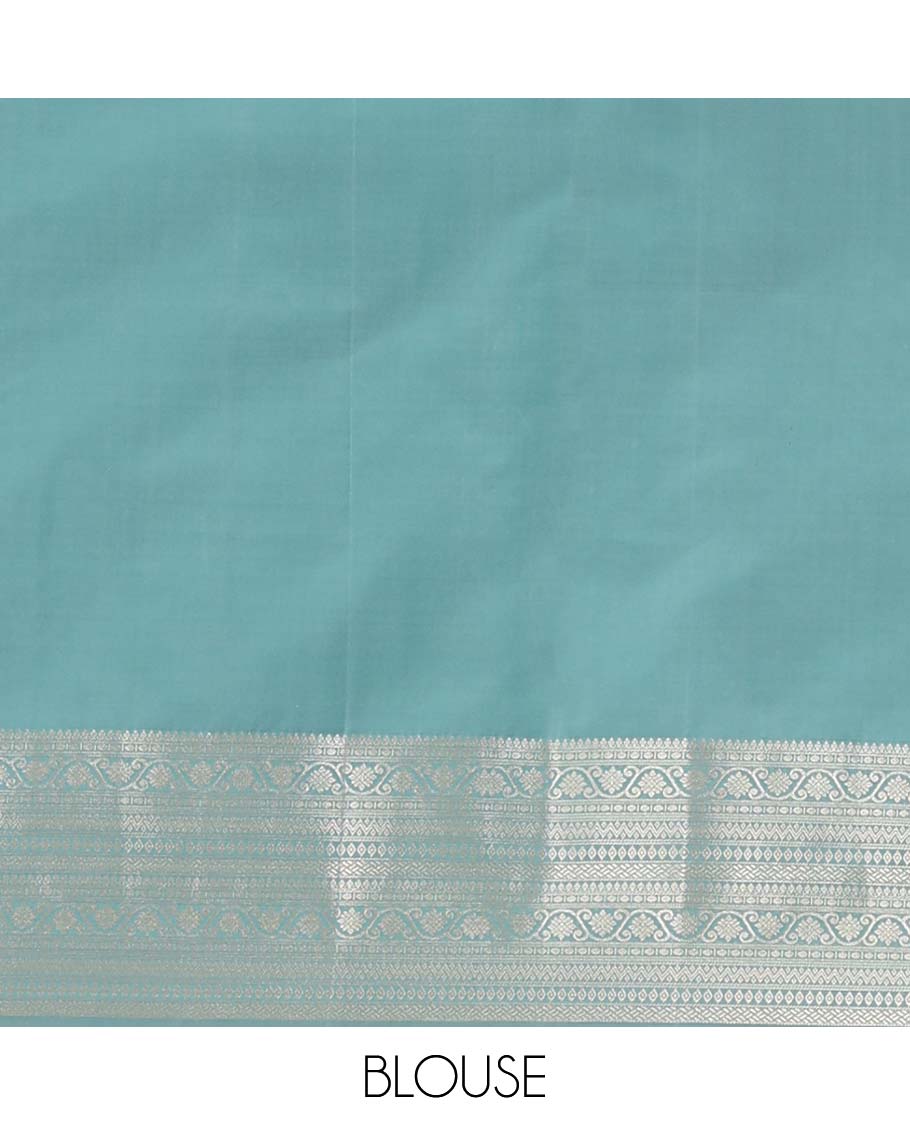 Blue zari motifs Vasundhara silk mix saree, zari border of thilakam mokku, paisa, kodi visiry, neli, paiyaadi kann, and diamond and zari design pallu