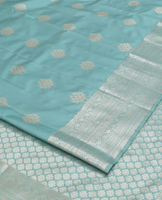Blue zari motifs Vasundhara silk mix saree, zari border of thilakam mokku, paisa, kodi visiry, neli, paiyaadi kann, and diamond and zari design pallu