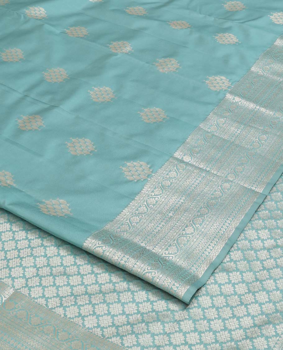 Blue zari motifs Vasundhara silk mix saree, zari border of thilakam mokku, paisa, kodi visiry, neli, paiyaadi kann, and diamond and zari design pallu