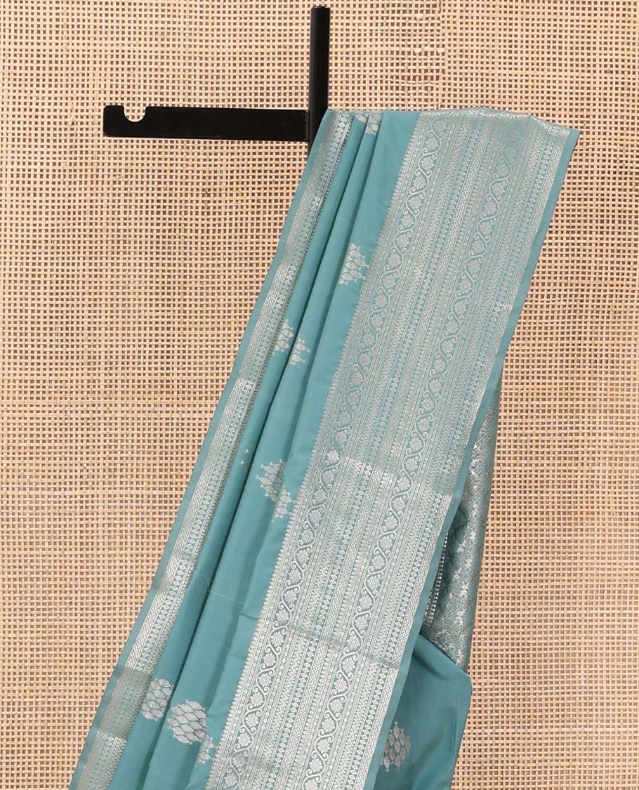 Blue zari motifs Vasundhara silk mix saree, zari border of thilakam mokku, paisa, kodi visiry, neli, paiyaadi kann, and diamond and zari design pallu