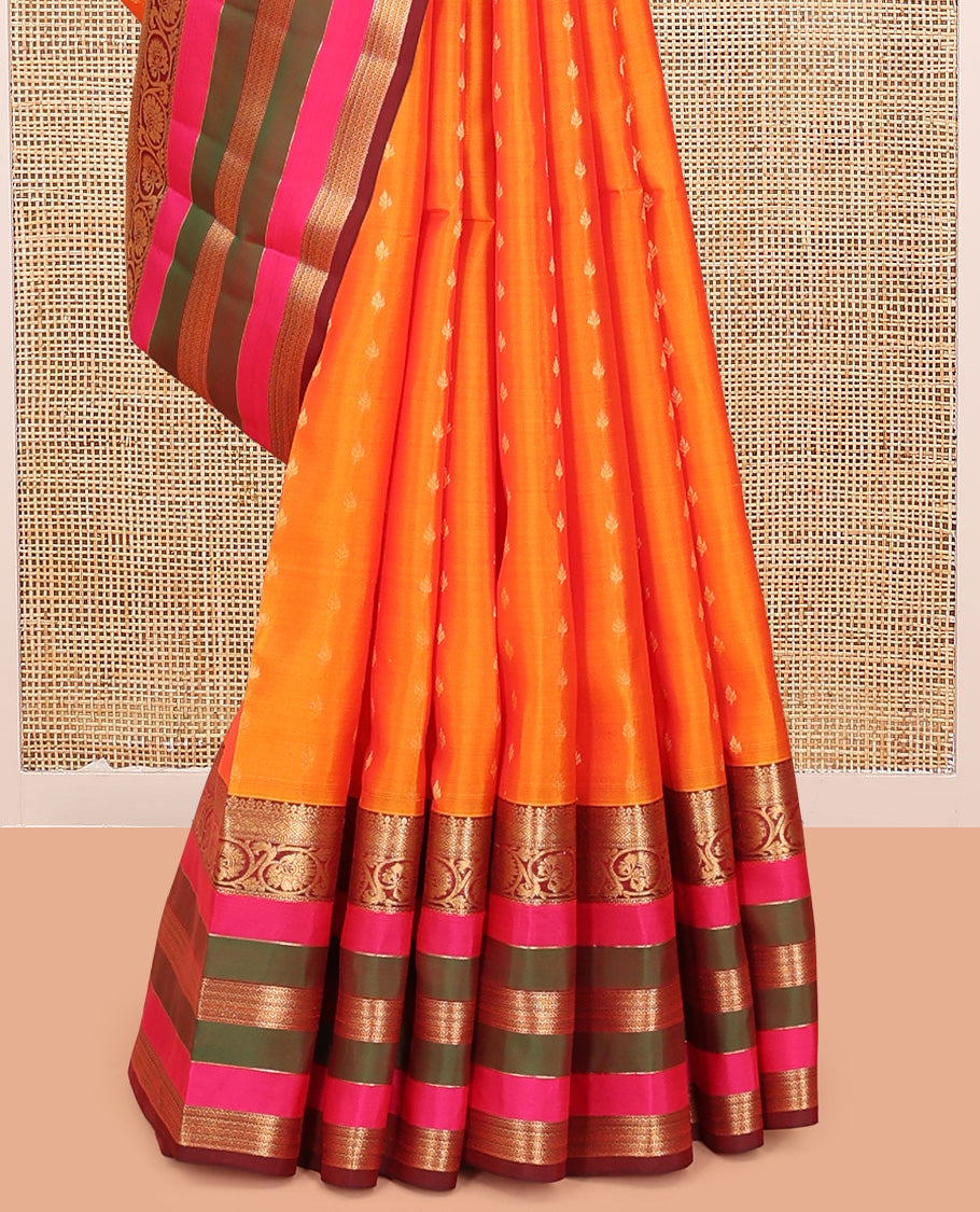 Orange Vasundhara Lite Silk Mix Saree, Accentuated with Zari Buttas, a Contrast Border of Jaal, Kodi Visiry and, Neli Designs, Grand Jaal Pallu, and a Contrast Blouse