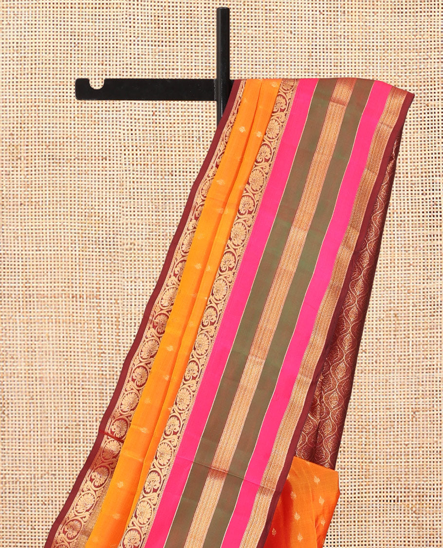 Orange Vasundhara Lite Silk Mix Saree, Accentuated with Zari Buttas, a Contrast Border of Jaal, Kodi Visiry and, Neli Designs, Grand Jaal Pallu, and a Contrast Blouse