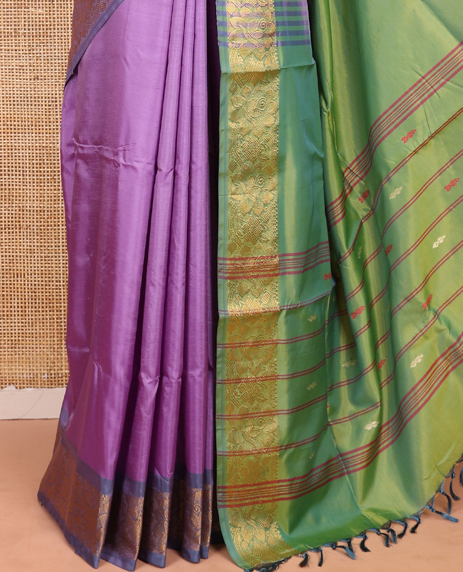 Purple Banana Pith Saree Bedecked with Resham Buttas, Complemented by a Contrast Floral Zari Design Border, Pallu Steeped with Stripes and Buttas, and Paired with a Contrast Blouse