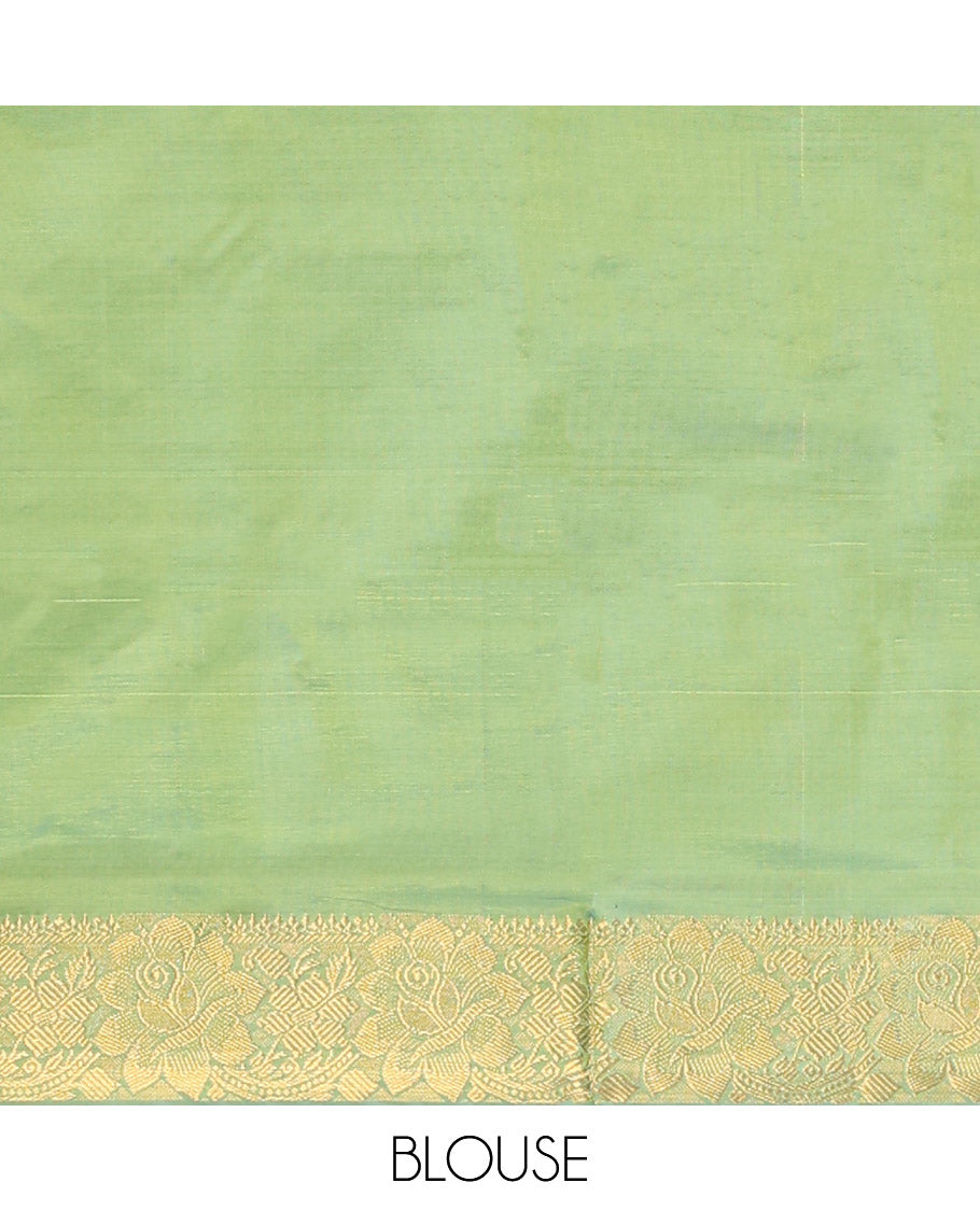 Purple Banana Pith Saree Bedecked with Resham Buttas, Complemented by a Contrast Floral Zari Design Border, Pallu Steeped with Stripes and Buttas, and Paired with a Contrast Blouse