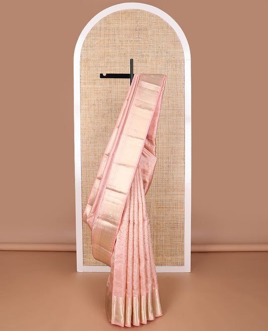 Baby pink jacquard kancheepuram silk saree with self border of paun, banaras design & floral design pallu