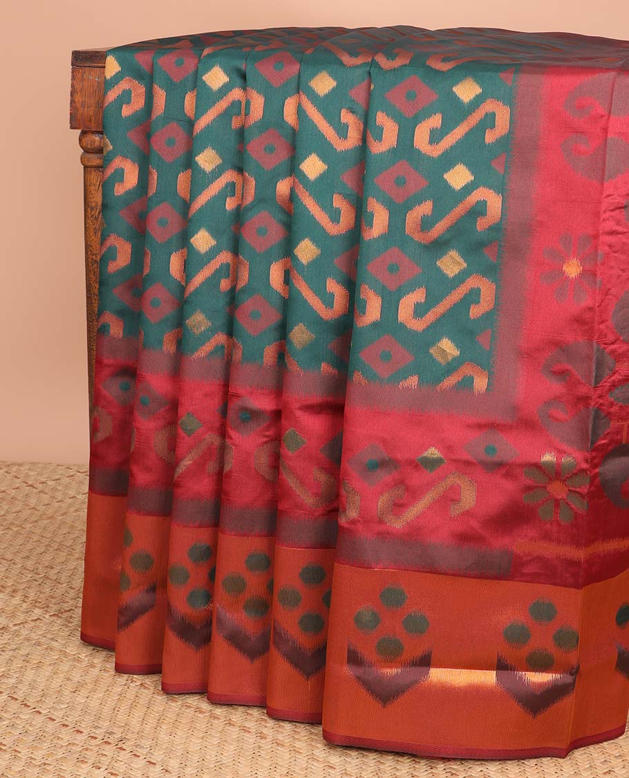 Green floral design semi-pattola silk saree with contrast floral border &  floral, paisley design pallu