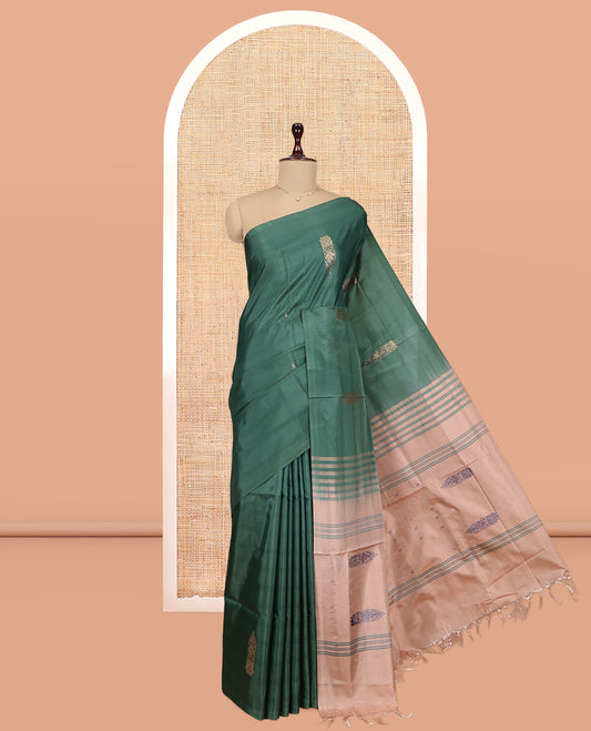 Borderless Green Banana Pith Saree, Woven with Buttas, a Contrast Pallu of Stripes and Buttas, and a Contrast Blouse