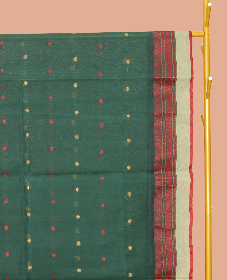Green Bengal Cotton Saree, Accentuated with Thread Buttas, a Contrast Traditional Design Border, Pallu of Stripes, and Buttas, and a Matching Blouse
