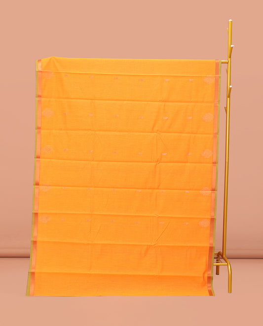 Yellow Semi-Silk Cotton Saree, Lightly Woven with Zari Buttas All Over Its Body, Highlighted by a Zari Piping Border, Complemented by a Contrast Pallu of Butta Enclosed Checked Design, and Paired with a Contrast Blouse