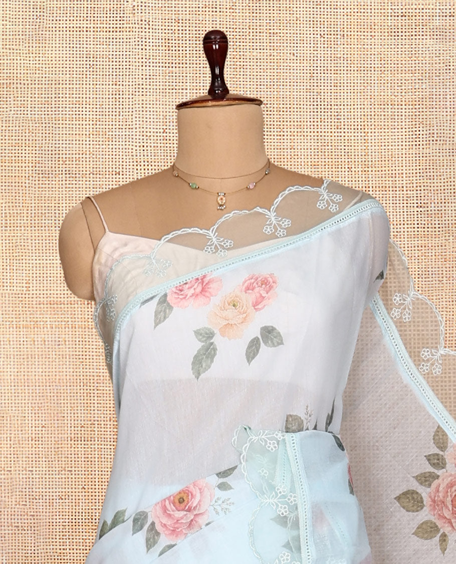 Sky Blue Floral Motifs Chanderi Cotton Saree