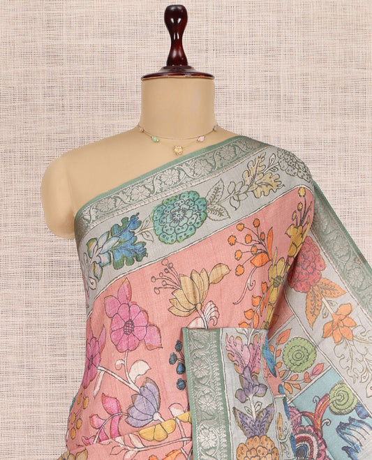 Pink Kalamkari Printed Fancy Tussar Saree