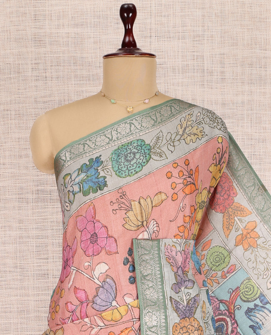 Pink Kalamkari Printed Fancy Tussar Saree