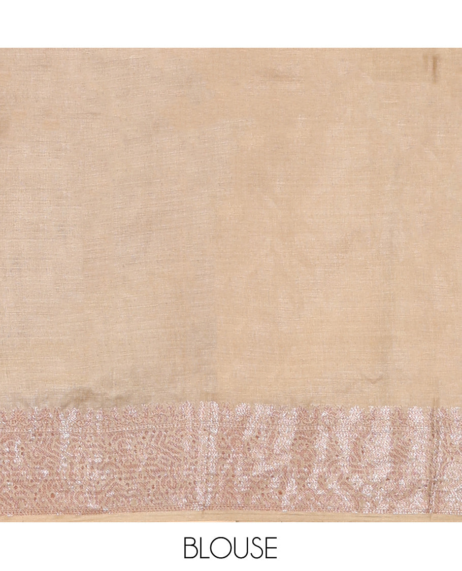 Brown Tussar Silk Saree, Elevated with Zari Buttas, a Contrast Zari Border, Grand Pallu, and a Contrast Blouse