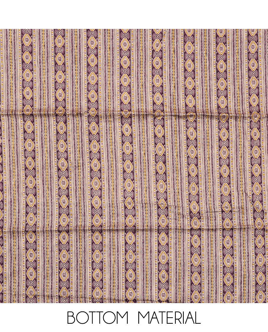 Purple Cotton Material Chudidar Set, Elevated with Intricate Motifs Print, and Embroidery on Its Cotton Top, a Geometric Printed Cotton Bottom, and Paired with Printed Cotton Dupatta