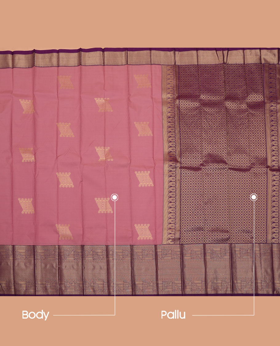 Pink Budget Silk Saree, Gleamed Up with Zari Buttas All Over Its Body, Complemented by a Contrast Traditional Zari Design Border, Grand Jaal Pallu, and Paired with a Contrast Blouse