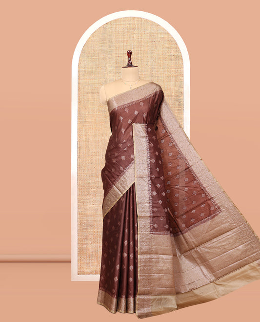 Brown Tussar Silk Saree, Elevated with Zari Buttas, a Contrast Zari Border, Grand Pallu, and a Contrast Blouse