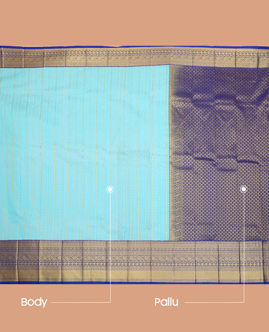 Blue Budget Silk Saree, Sparsely Sparkled with Zari Buttas on Its Body, Complemented by a Contrast Traditional Zari Design Border, Grand Pallu, and Paired with a Contrast Blouse