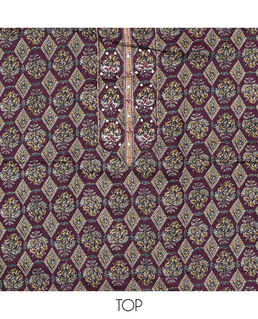 Purple Cotton Material Chudidar Set, Elevated with Intricate Motifs Print, and Embroidery on Its Cotton Top, a Geometric Printed Cotton Bottom, and Paired with Printed Cotton Dupatta