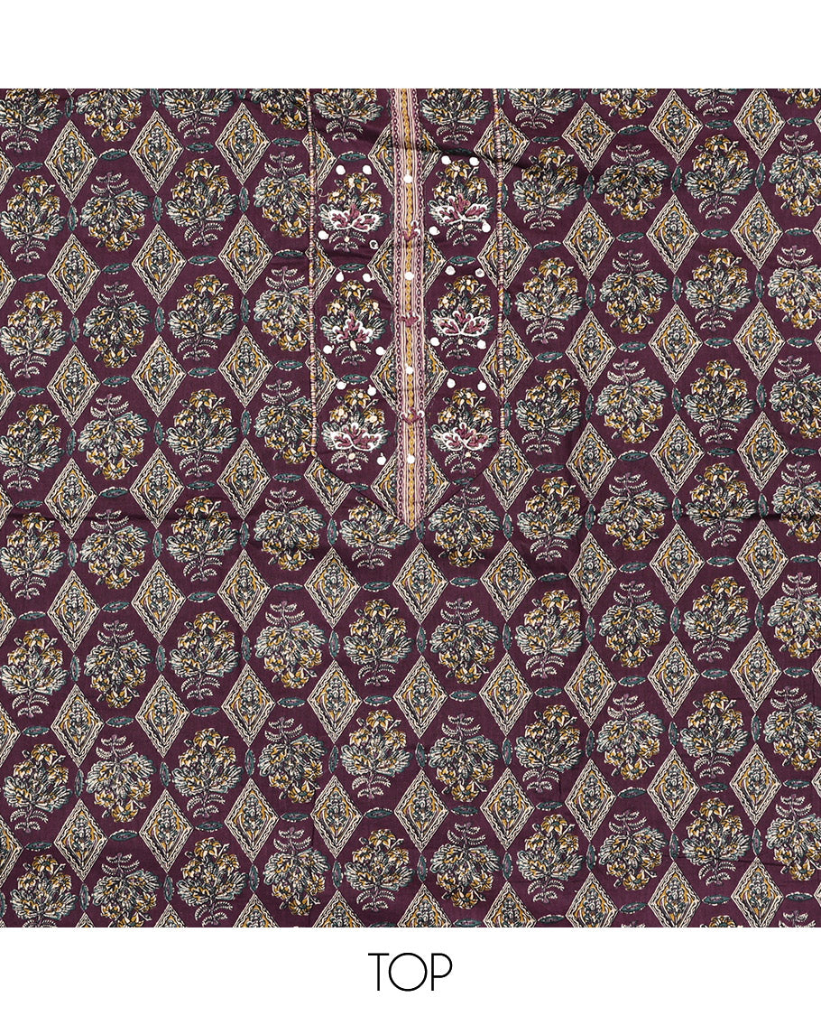 Purple Cotton Material Chudidar Set, Elevated with Intricate Motifs Print, and Embroidery on Its Cotton Top, a Geometric Printed Cotton Bottom, and Paired with Printed Cotton Dupatta