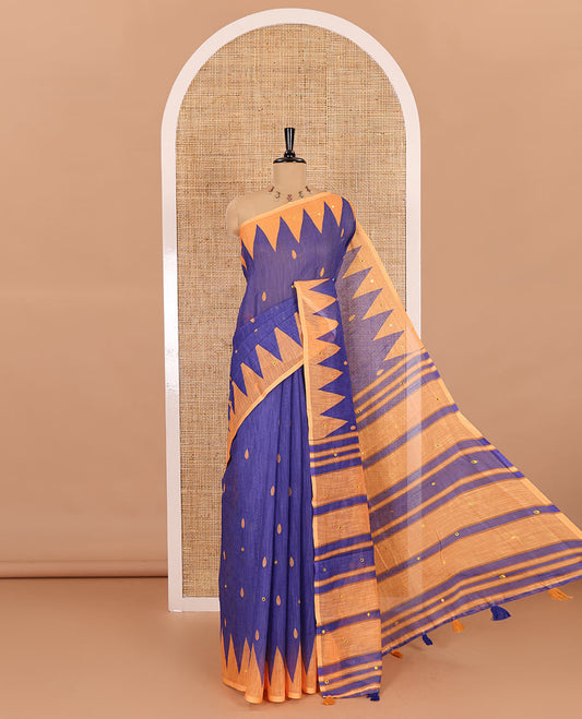 Blue thilakam buttas and mirror work khadi mul cotton saree, contrast temple border, striped and buttas pallu, and a contrast printed blouse