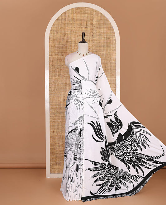 Borderless white and black feather like floral motifs printed satin crepe saree, floral vine printed blouse
