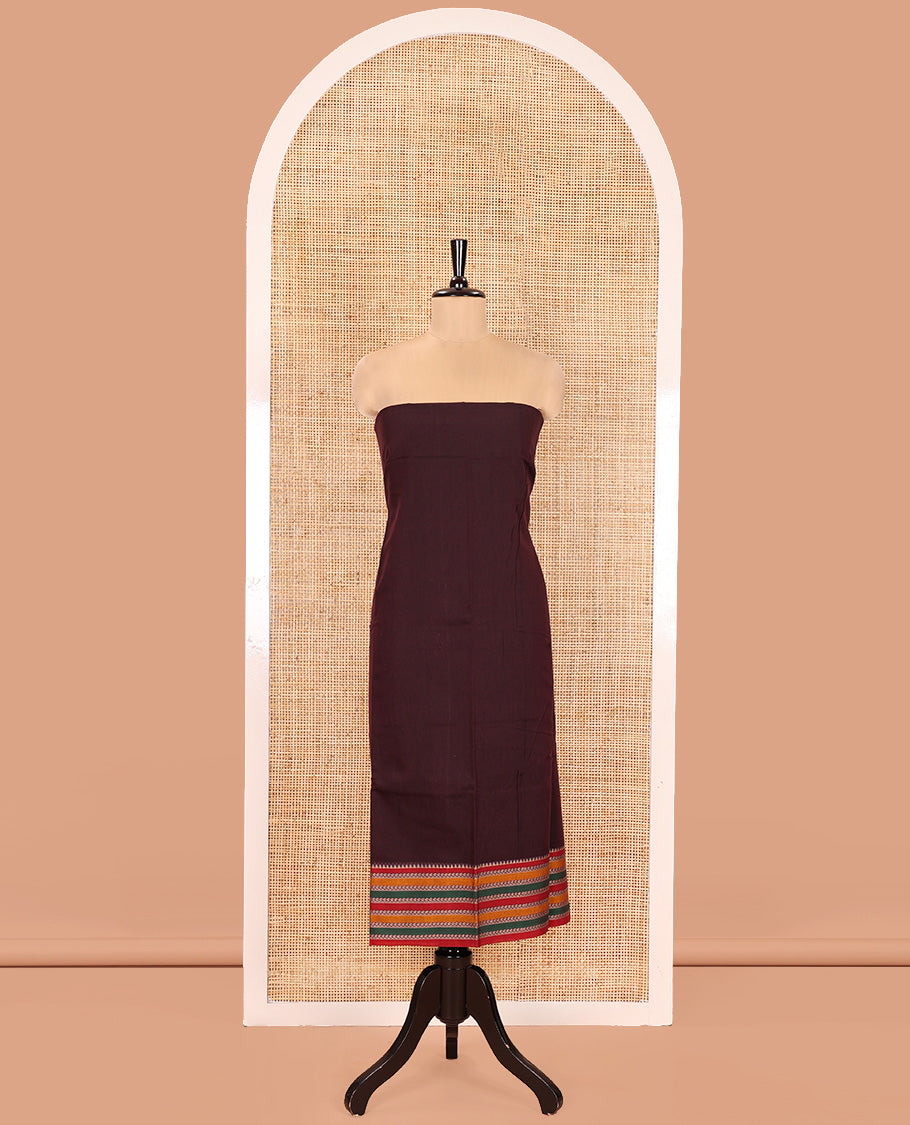 Wine Mercerised Cotton Material Churidar Set, Featuring Plain and Traditional Motifs Woven Top, Comes with a Plain Mercerised Cotton Bottom, and Is Paired with a Mercerised Cotton Traditional Motifs Woven Dupatta