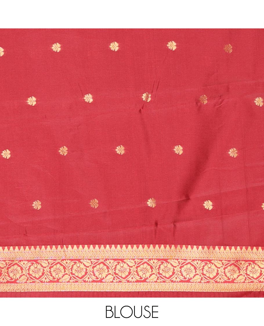 Rust Orange Kanchi Silk Saree Adorned with Pine Tree-Style Buttas Woven All Over Its Body, Complemented by Contrast Traditional Zari Design Border, Pallu Artfully Woven with Traditional Zari Designs, and Paired with a Contrast Blouse