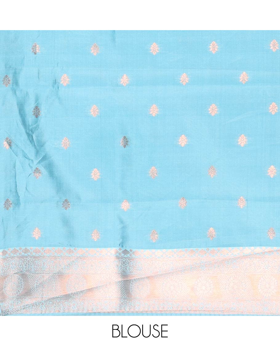 Blue Litchi Saree, Finely Crafted with Floral Zari Buttas and Zari Checks on Its Body, Complemented by a Contrast Traditional Zari Design Border, Gracefully Embellished Pallu, and Paired with a Contrast Blouse