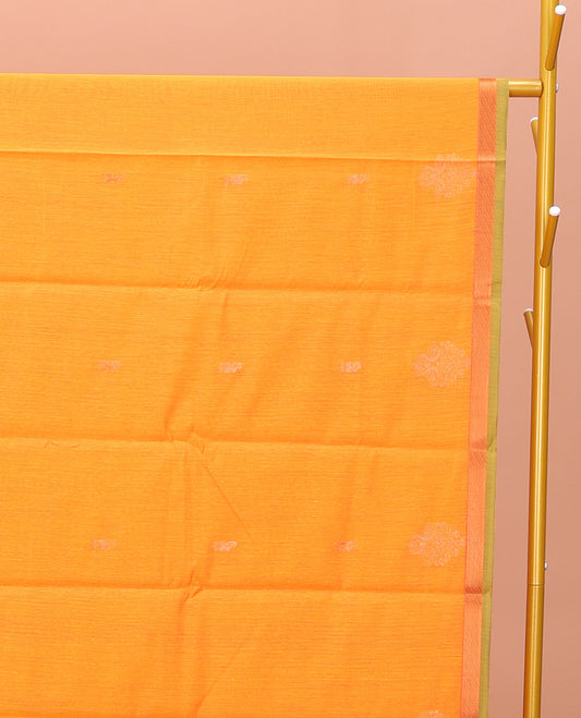 Yellow Semi-Silk Cotton Saree, Lightly Woven with Zari Buttas All Over Its Body, Highlighted by a Zari Piping Border, Complemented by a Contrast Pallu of Butta Enclosed Checked Design, and Paired with a Contrast Blouse