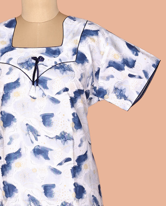 White-Blue Cotton-Blended Nighty